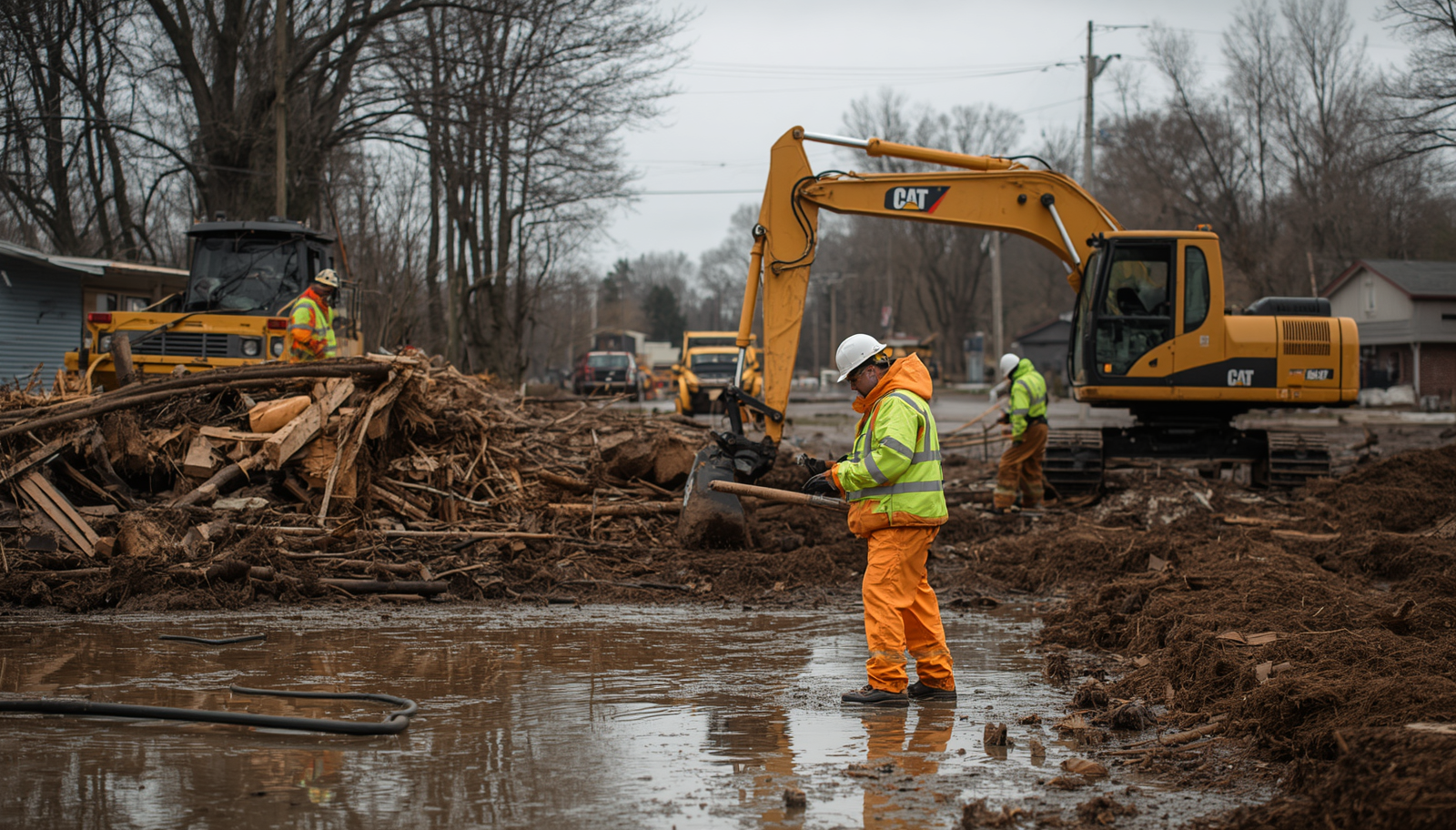 Government disaster response crews conducting debris removal and infrastructure recovery with heavy equipment after severe flooding.