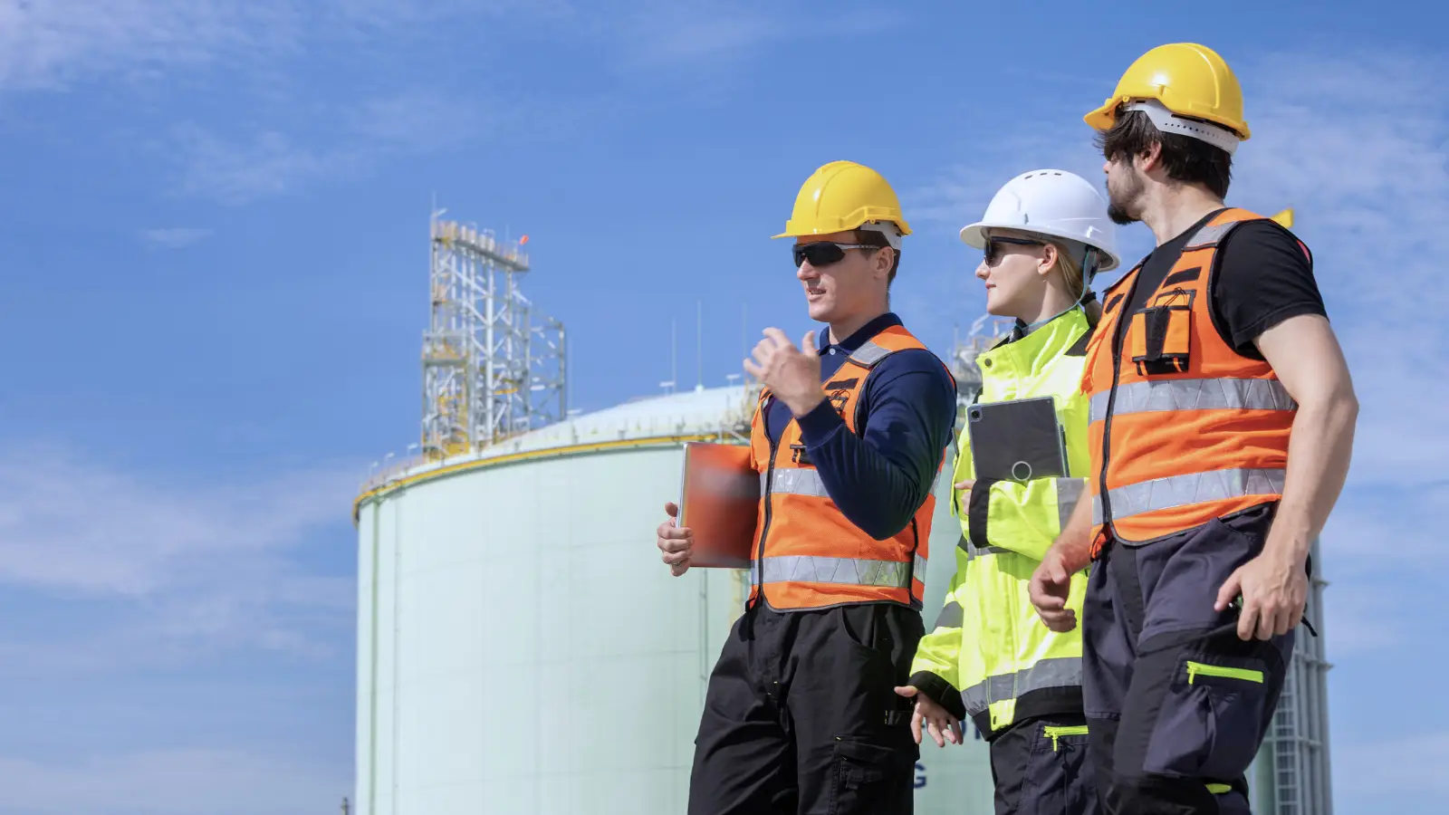 Three construction professionals wearing hard hats and safety vests discuss project operations at an industrial facility, highlighting teamwork and workforce continuity during federal contract transitions.